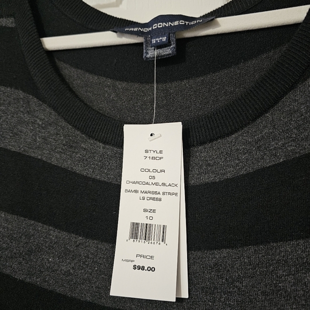 HP🎉 French Connection Black and Gray Striped Sweater Dress - Size 10 - Picture 4 of 11